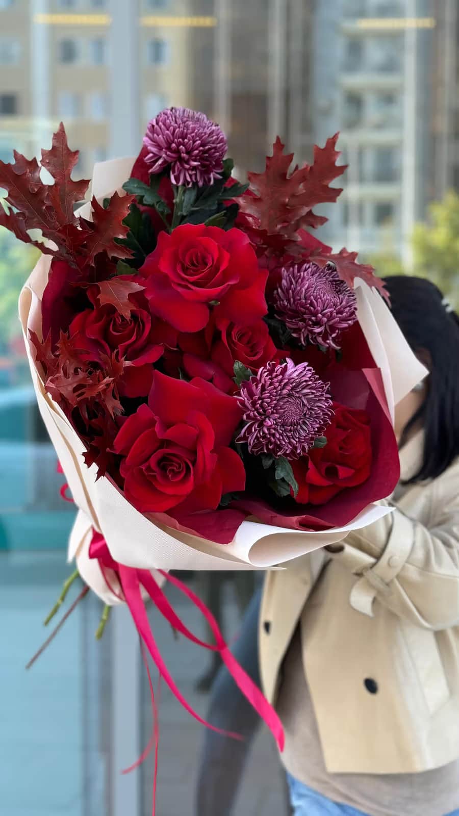 Bouquet “Osenniy tuman” — Rose red, Chrysanthemum single-head