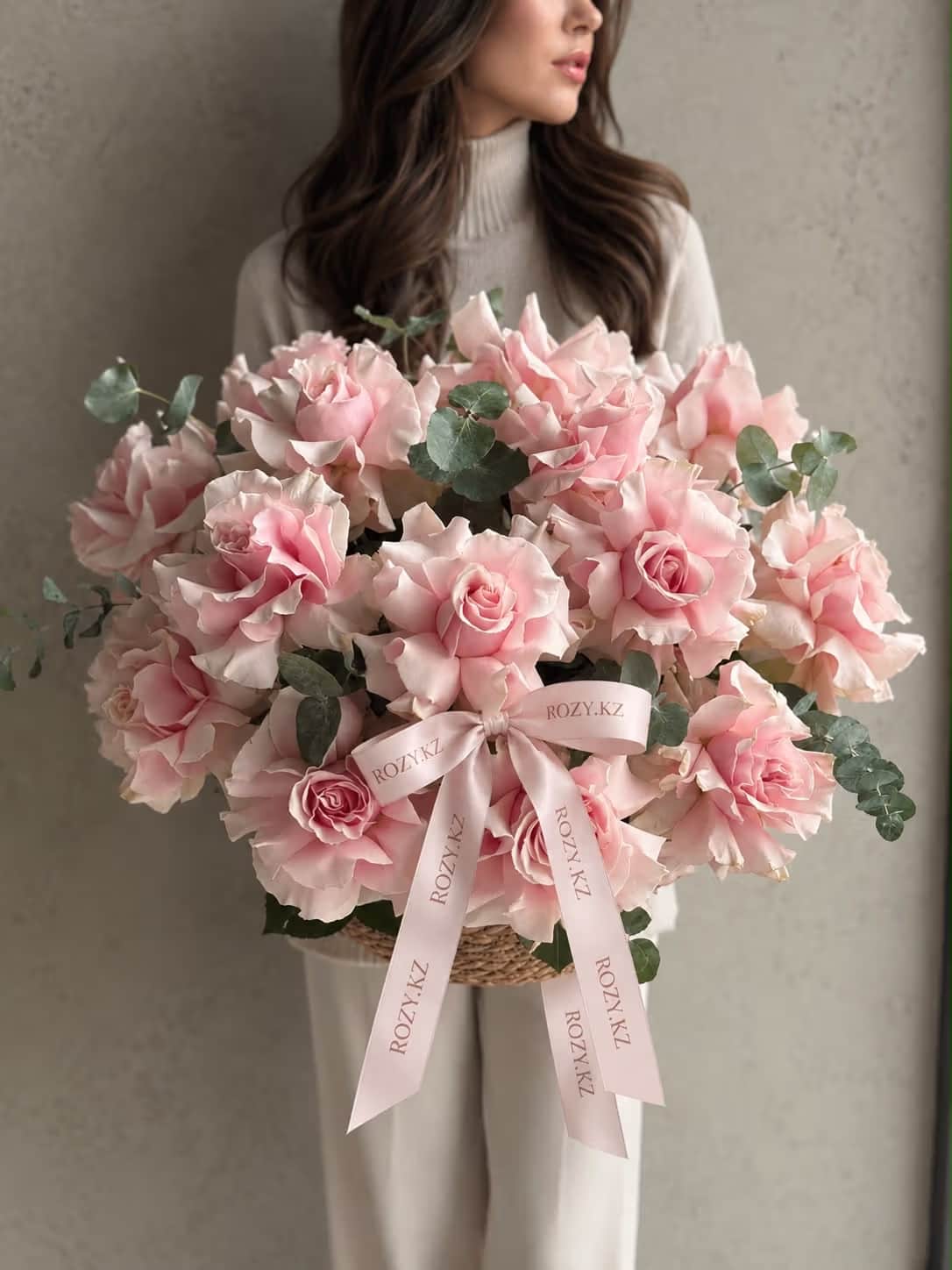 Rattan basket of French roses — Eucalyptus cinerea XL