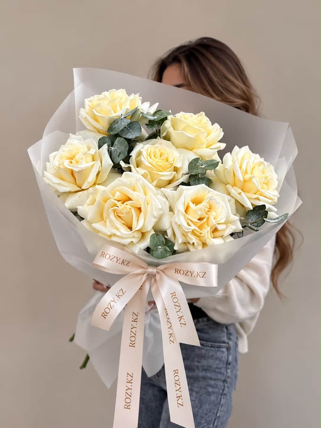 Bouquet with white French roses and eucalyptus