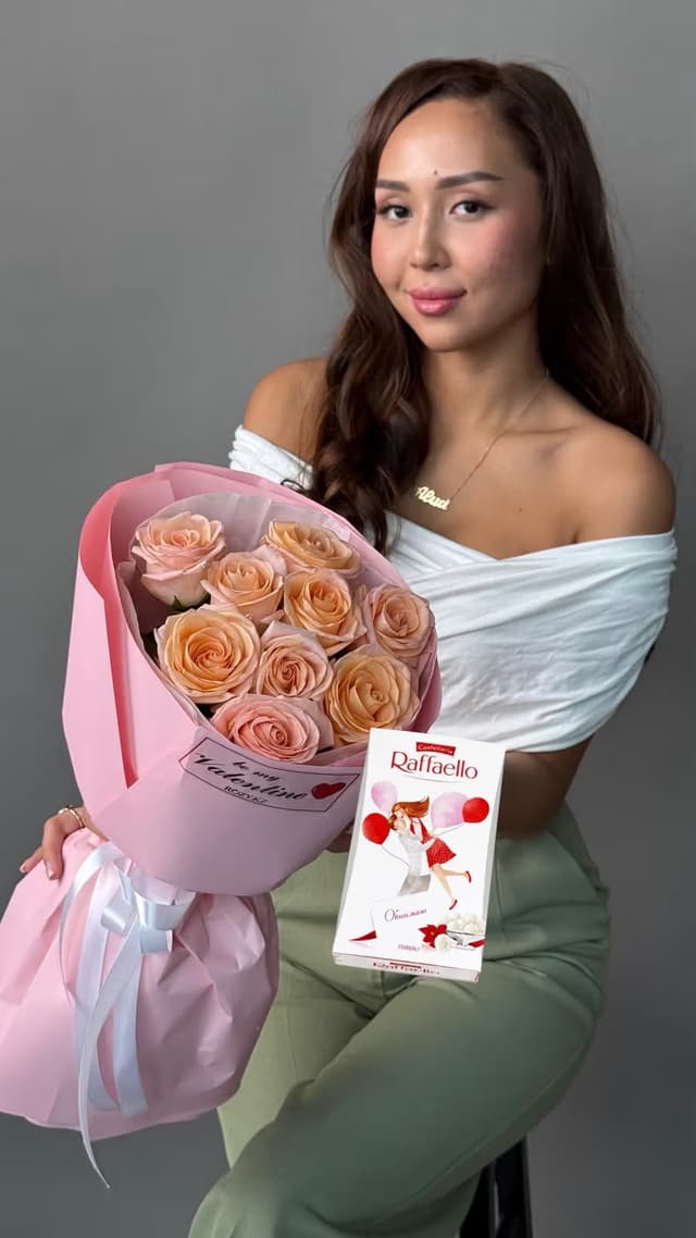 Комбо Букет из 9 роз и Raffaello — Роза оранжевая, Рафаэло 70 гр