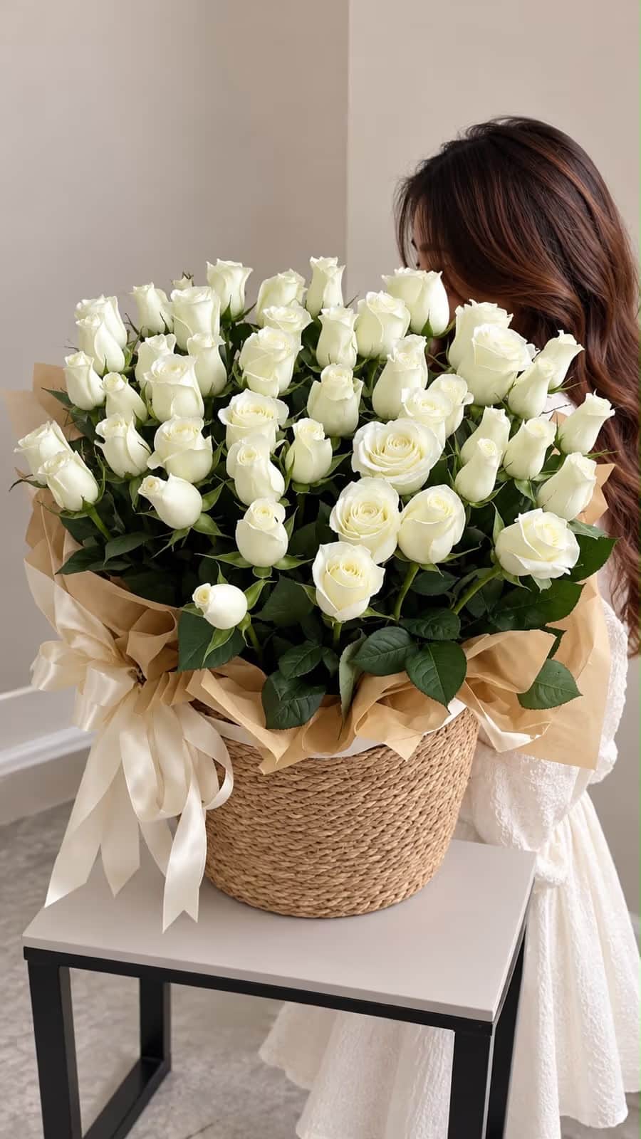 51 white roses in a rattan basket